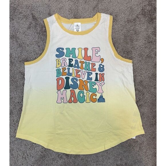 Disney Womens Large Smile Believe in Disney Magic Yellow Tank Organic Cotton New - Picture 1 of 11